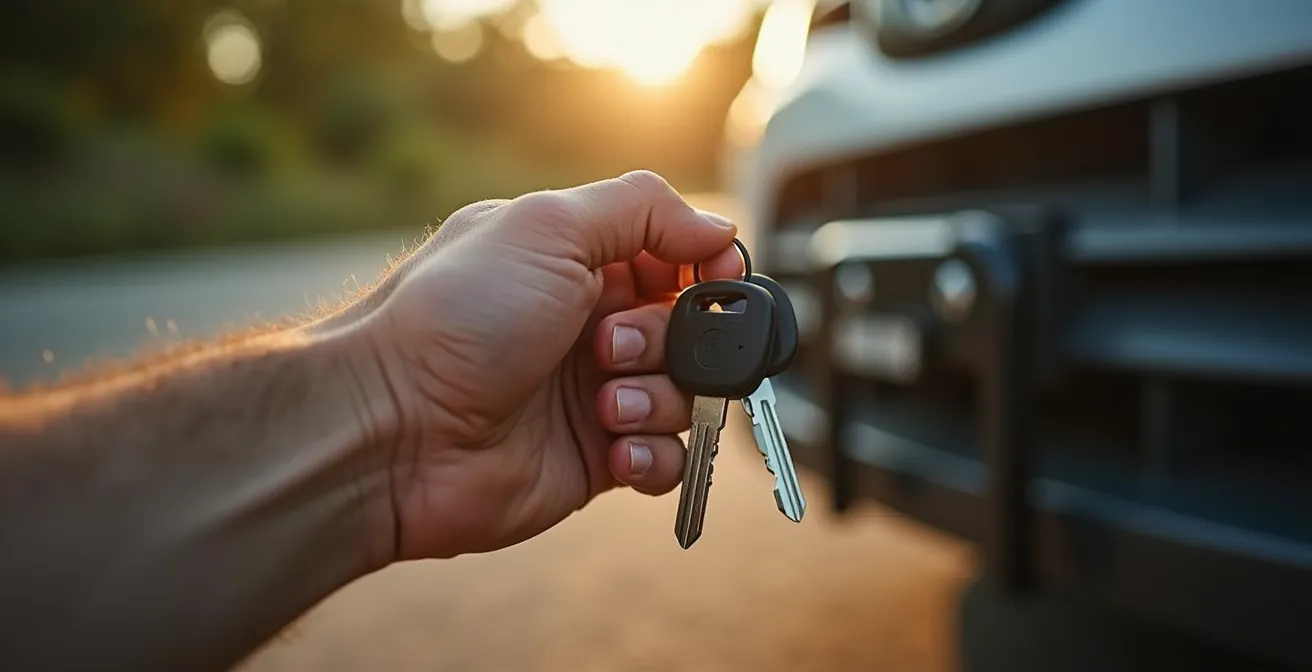 Main tenant des clés de voiture avec remorque floue en arrière-plan