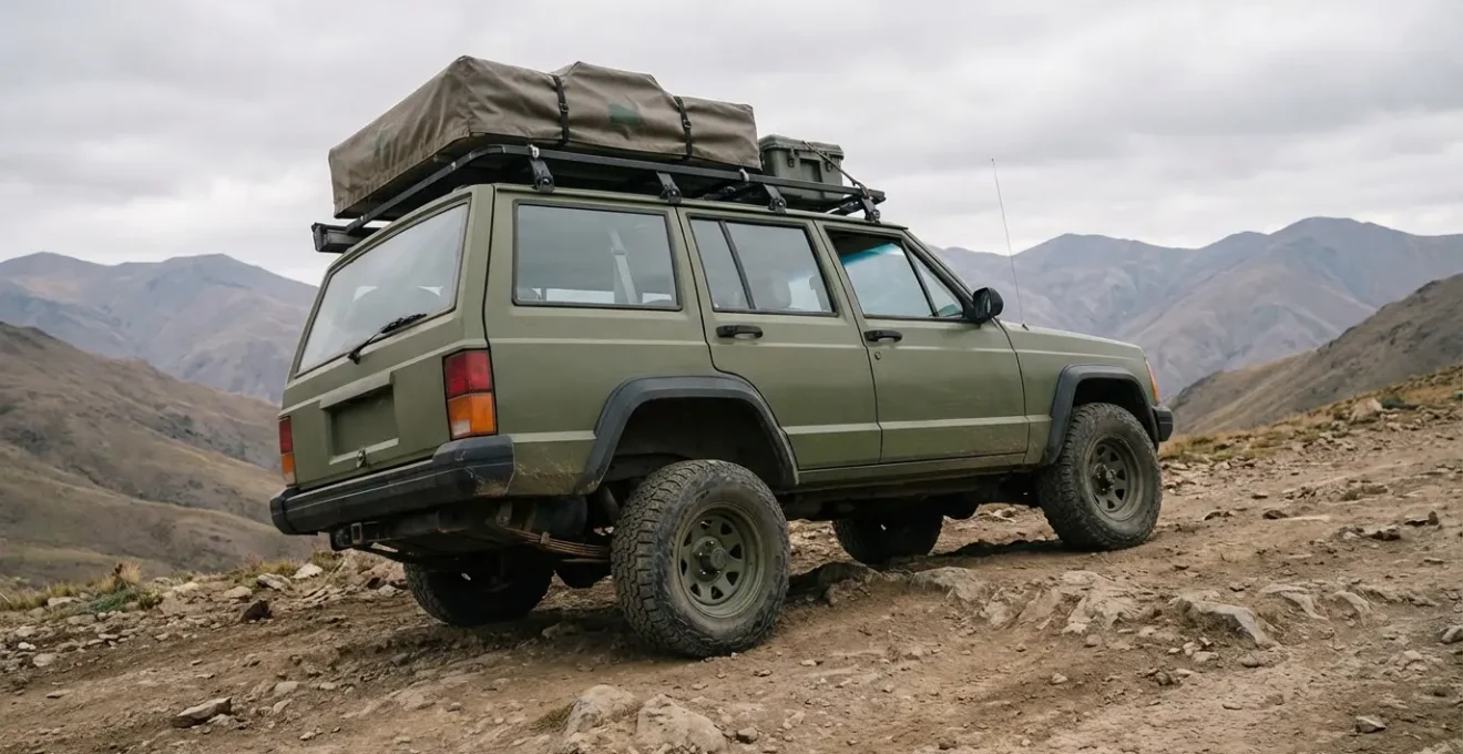 Vue latérale d'un 4x4 équipé d'une tente de toit montrant la compression des ressorts