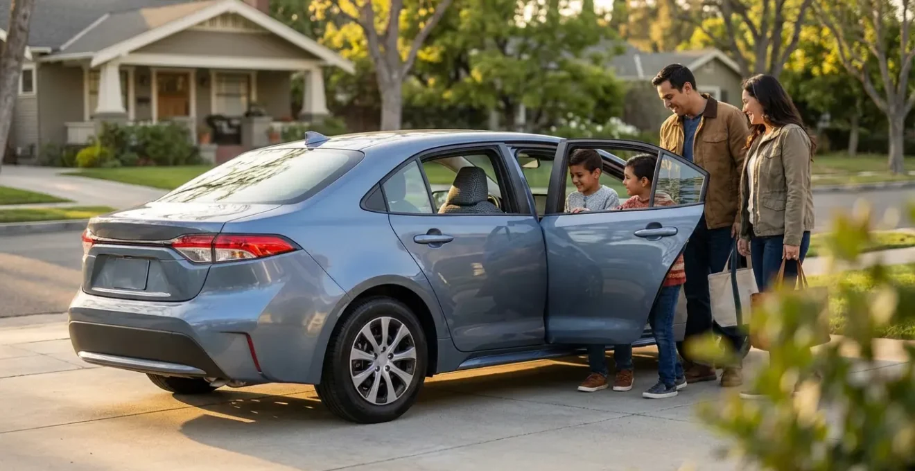 Famille de quatre personnes devant une berline compacte moderne