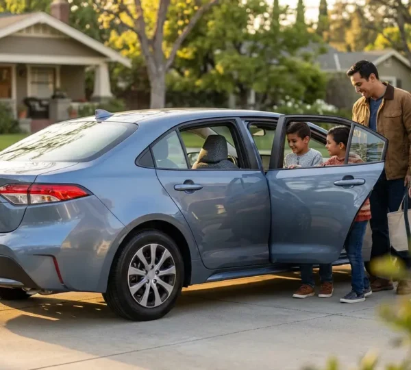 Famille de quatre personnes devant une berline compacte moderne