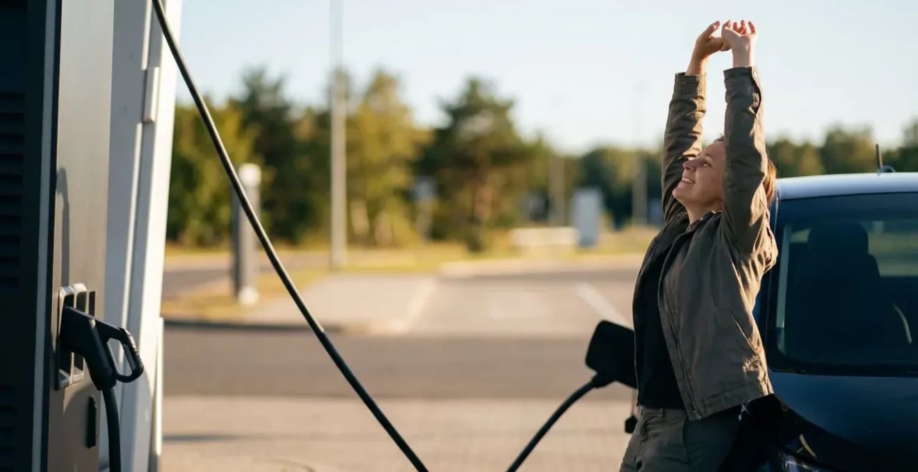 Voiture électrique blanche branchée à une borne de recharge rapide sur une aire d'autoroute moderne.
