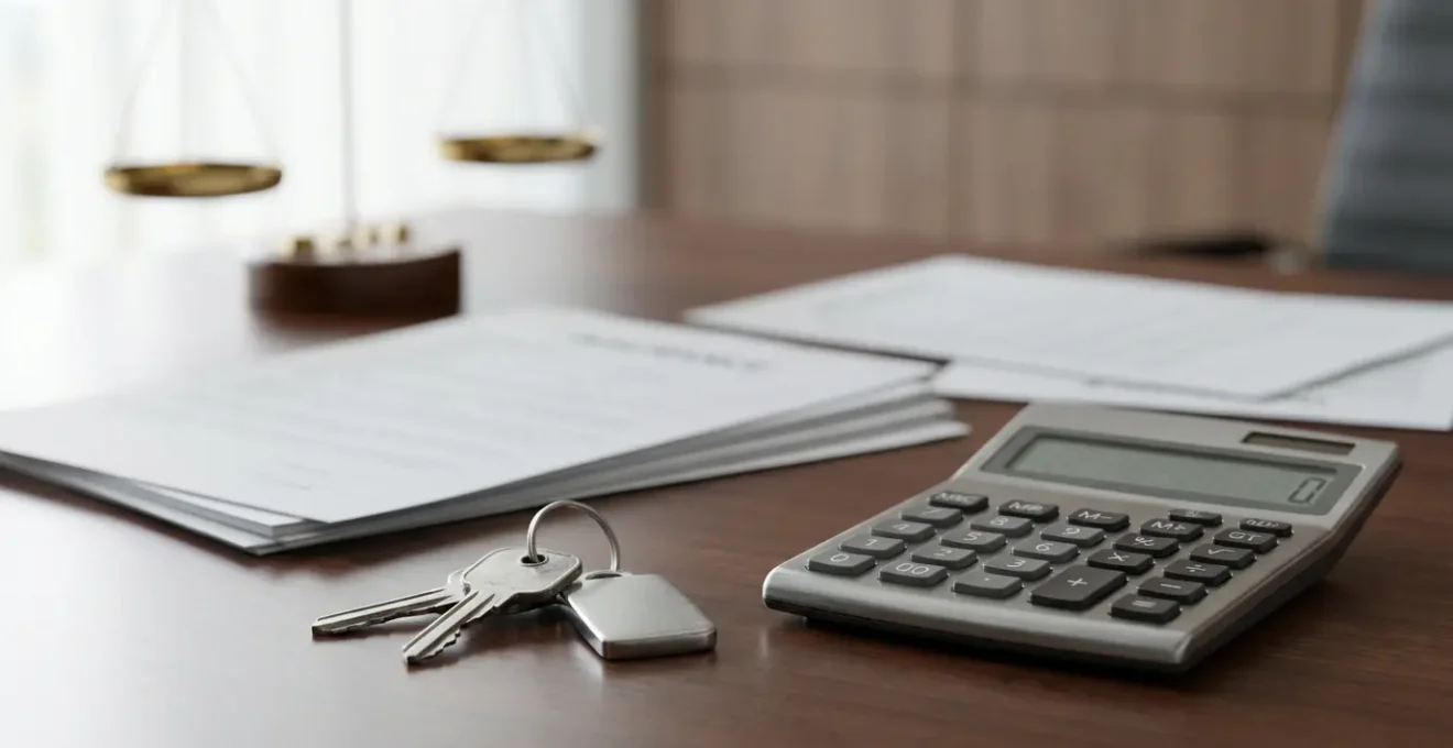 Calculatrice posée sur des documents d'assurance avec une clé de voiture et une balance symbolique