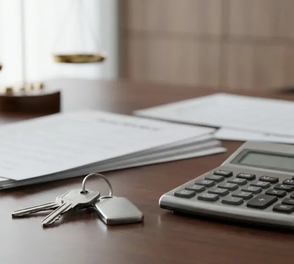 Calculatrice posée sur des documents d'assurance avec une clé de voiture et une balance symbolique