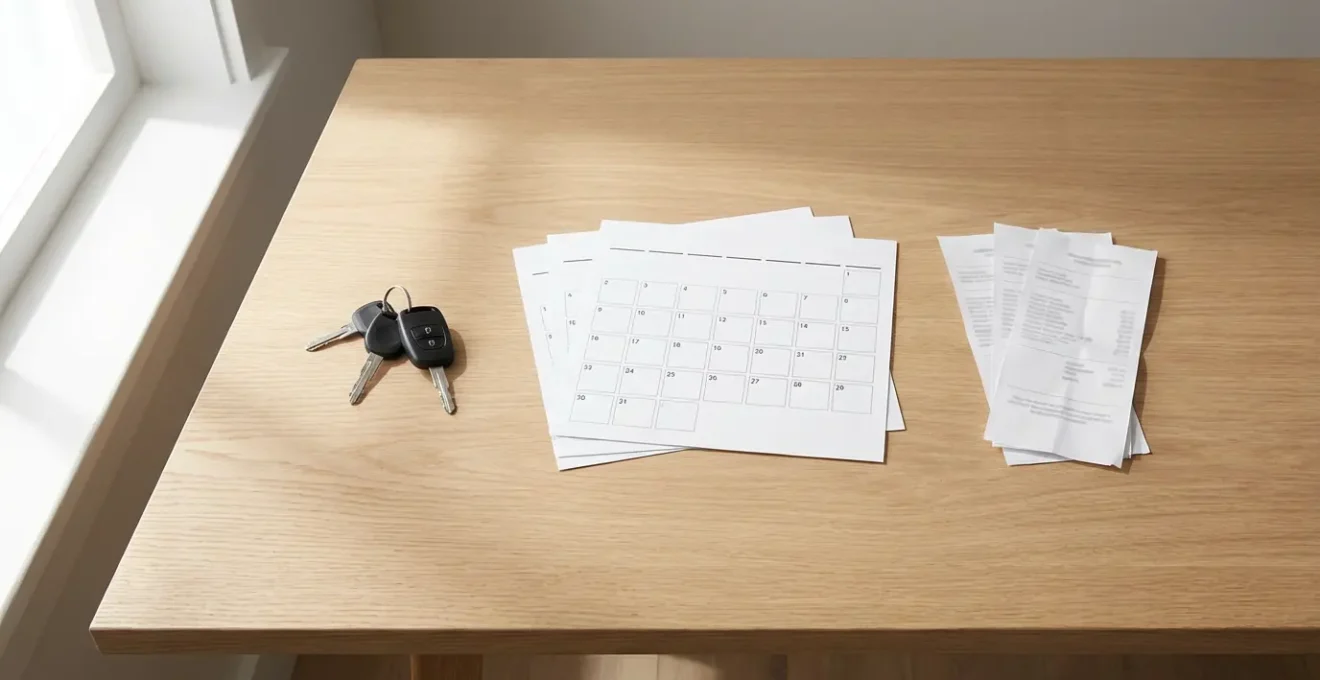 Vue aérienne minimaliste d'un bureau avec calendrier, clés de voiture et documents de préparation au contrôle technique