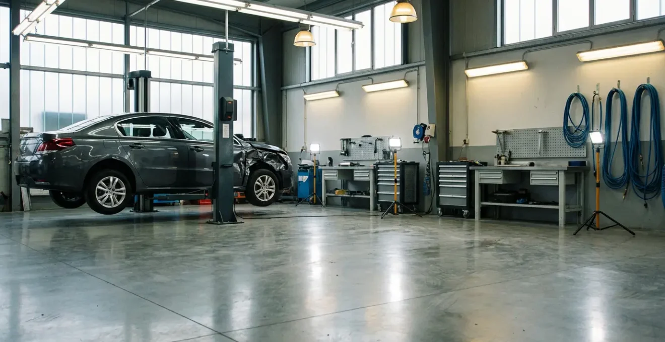 Vue d'ensemble d'un atelier de carrosserie moderne avec véhicule en réparation