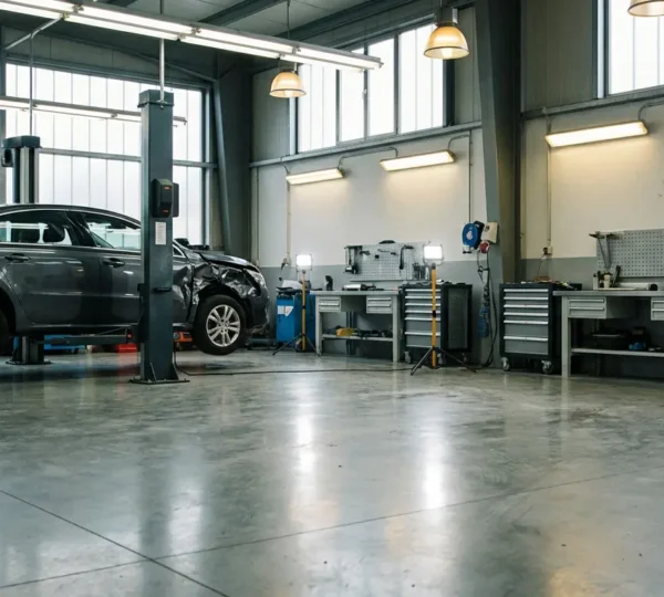 Vue d'ensemble d'un atelier de carrosserie moderne avec véhicule en réparation