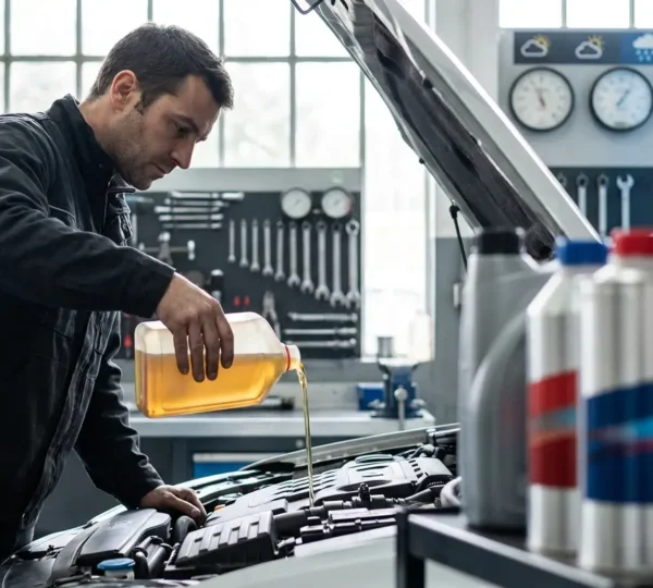 Mécanicien versant de l'huile moteur dans un moteur avec différents flacons d'huile et indicateur de température