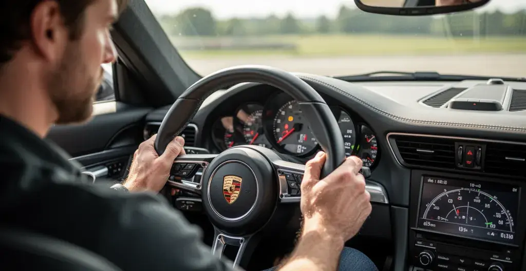Intérieur cockpit Porsche 911 avec compte-tours central et conducteur