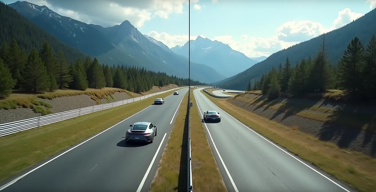 Vue aérienne montrant un circuit de course et une route de montagne sinueuse côte à côte