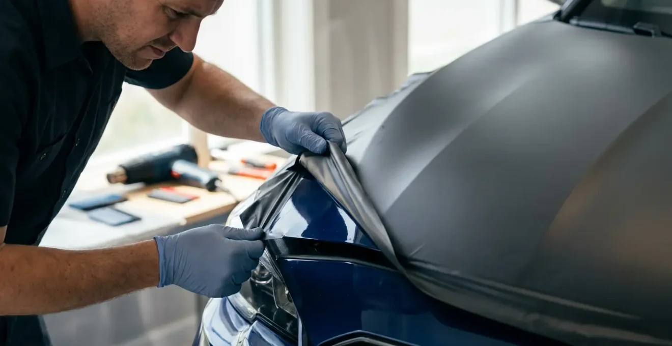 Voiture avec covering en cours de dépose montrant la peinture d'origine intacte