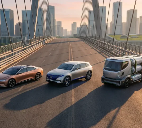 Vue comparative de trois véhicules avec différentes motorisations dans un environnement urbain moderne