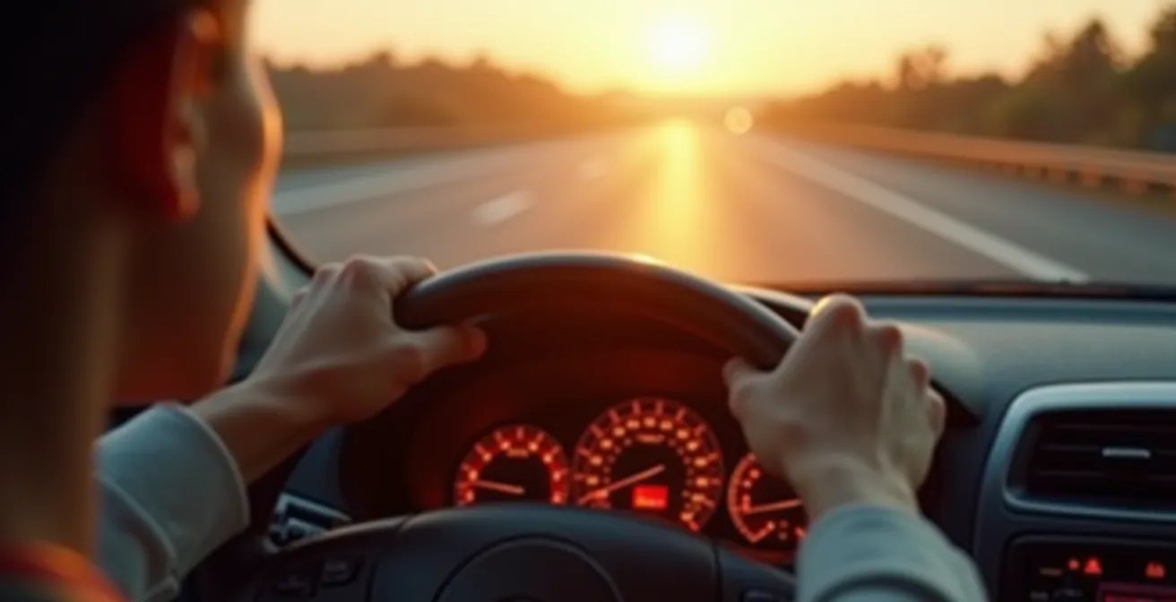 Intérieur de voiture montrant le tableau de bord avec indicateur de régime moteur bas, symbolisant une conduite confortable et silencieuse sur autoroute.