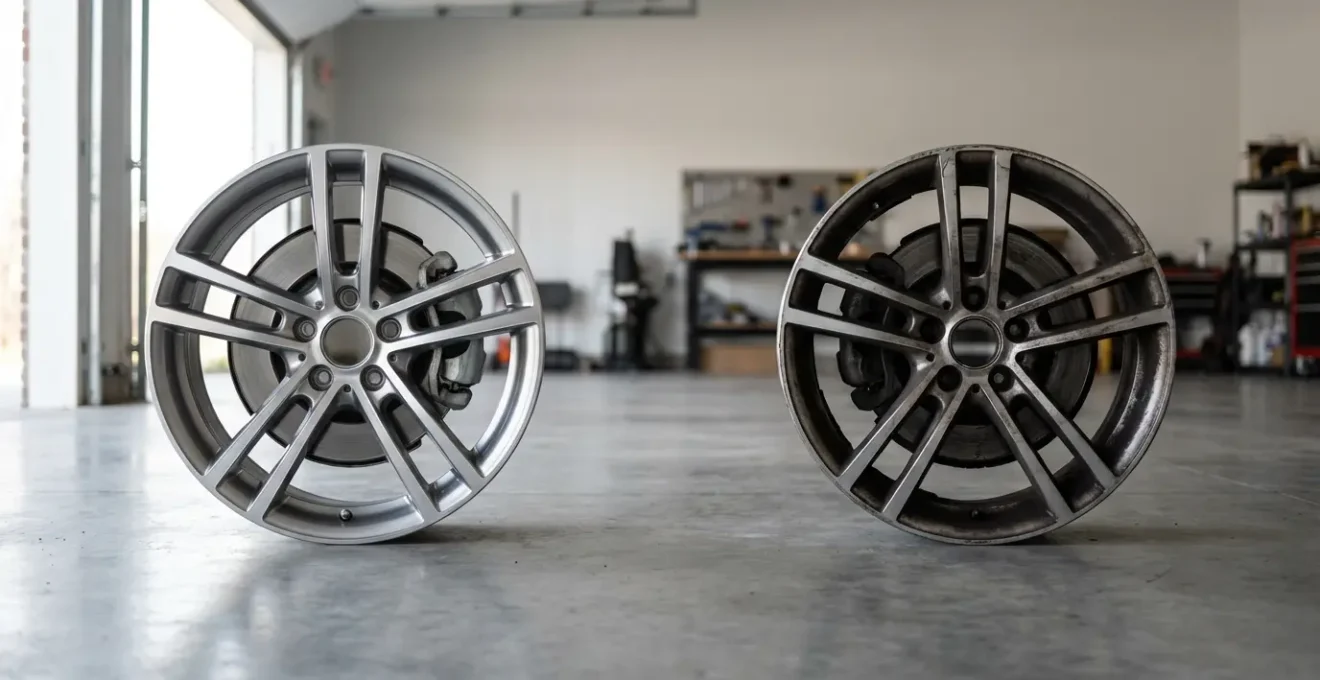 Deux jantes de voiture côte à côte montrant la différence de poussière entre plaquettes céramique et métallique