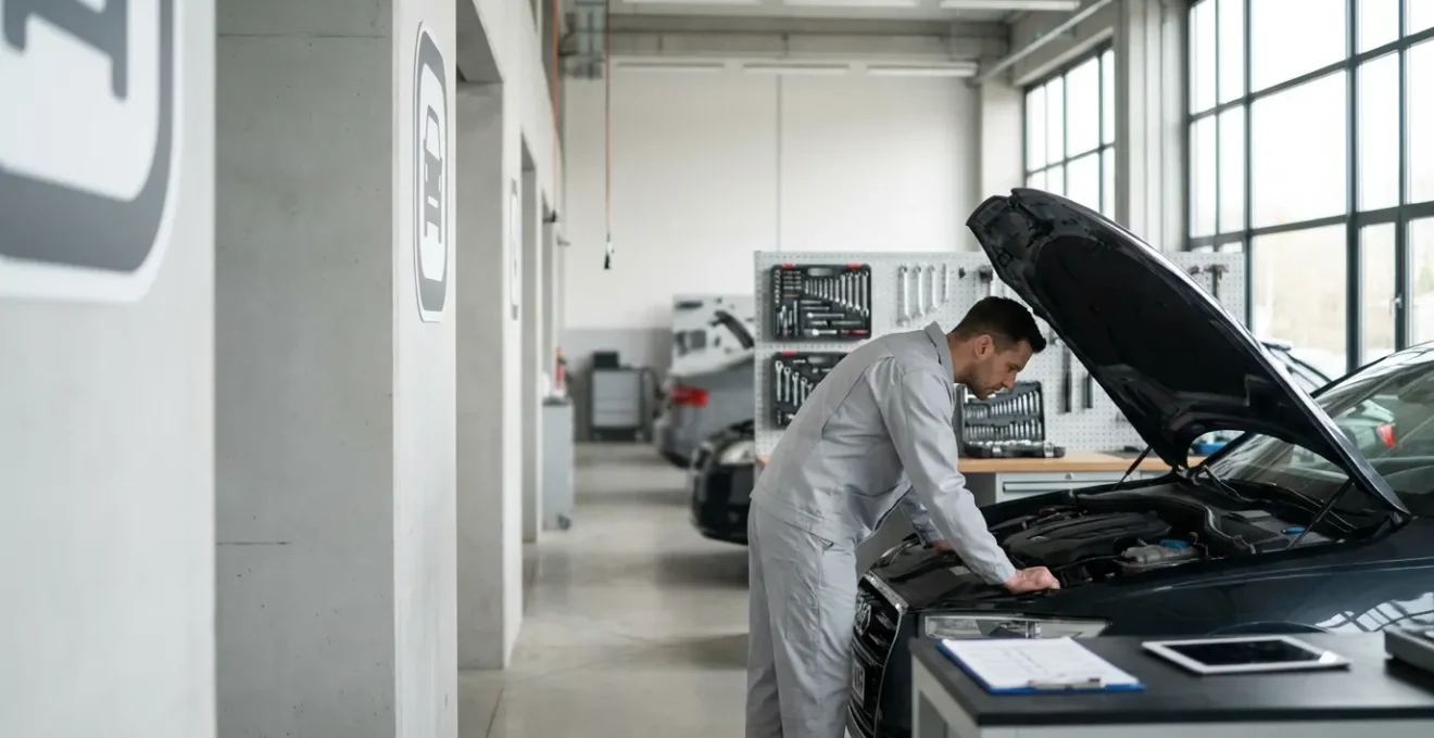 Mécanicien inspectant minutieusement le compartiment moteur d'une voiture d'occasion dans un garage moderne avec liste de points de contrôle visible