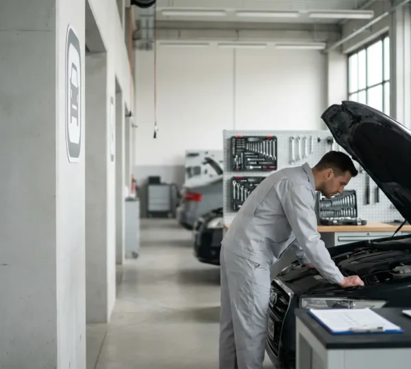 Mécanicien inspectant minutieusement le compartiment moteur d'une voiture d'occasion dans un garage moderne avec liste de points de contrôle visible