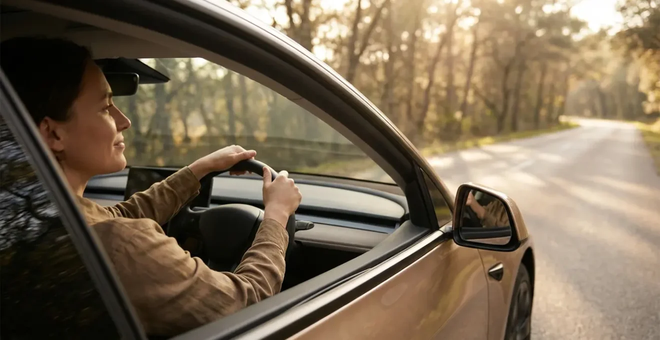 Conducteur serein au volant sur une route bordée de nature avec lumière dorée créant une atmosphère apaisante