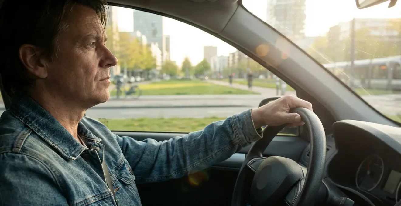 Conducteur réfléchi dans sa voiture avec paysage urbain verdoyant en arrière-plan