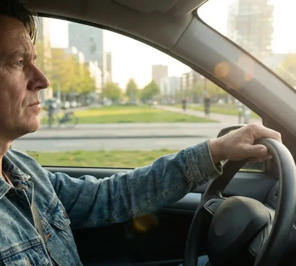 Conducteur réfléchi dans sa voiture avec paysage urbain verdoyant en arrière-plan