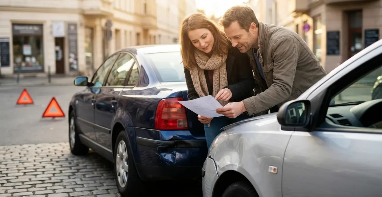 Deux conducteurs analysant un constat après un accident léger de voiture