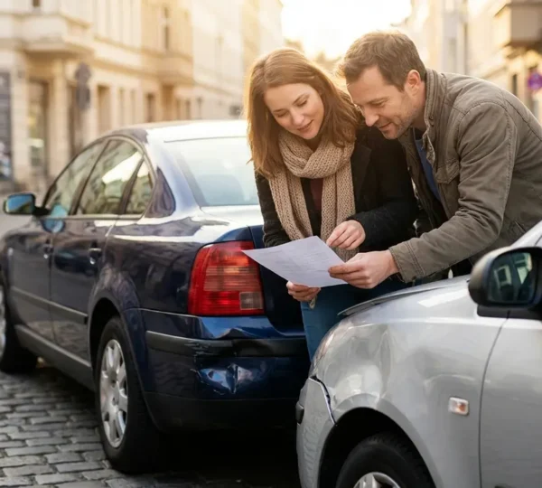 Deux conducteurs analysant un constat après un accident léger de voiture