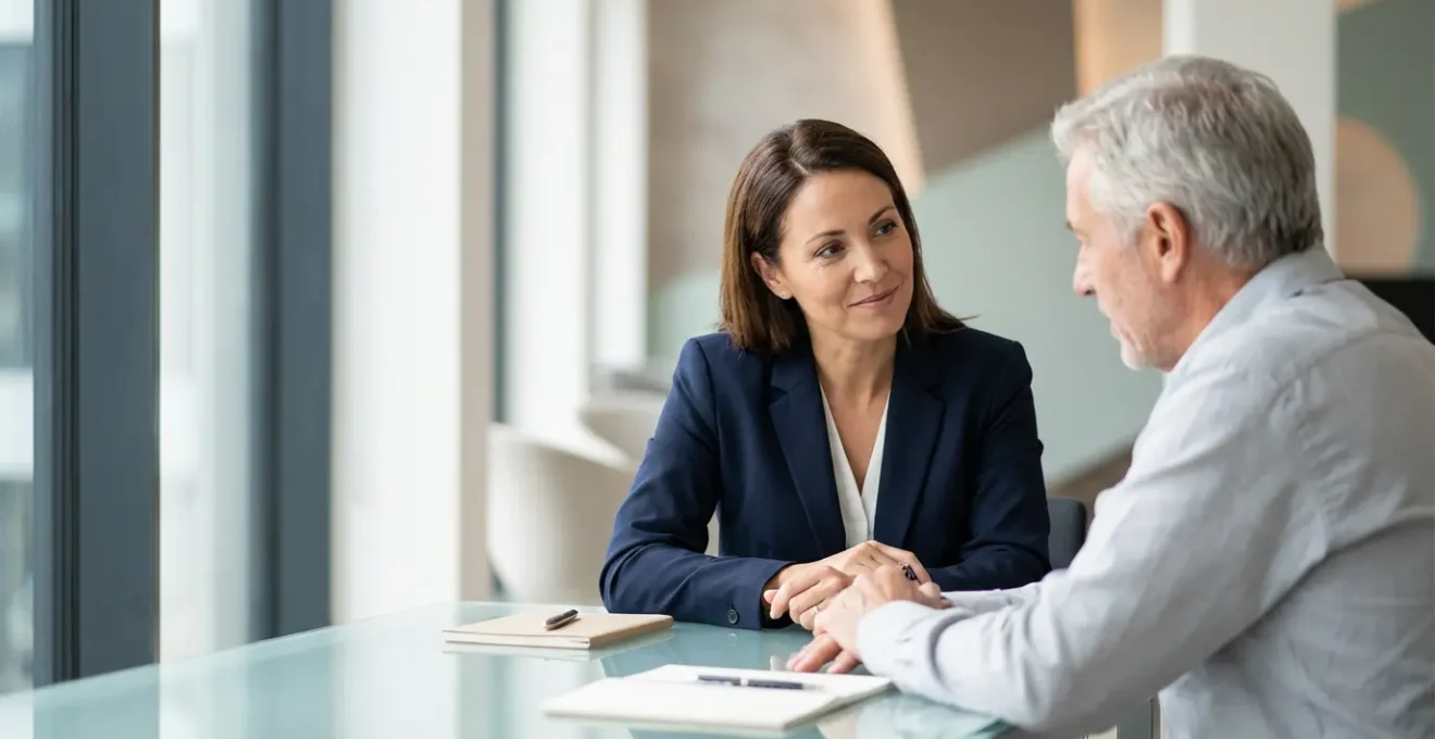 Conseiller en assurance en discussion avec un client dans un bureau moderne
