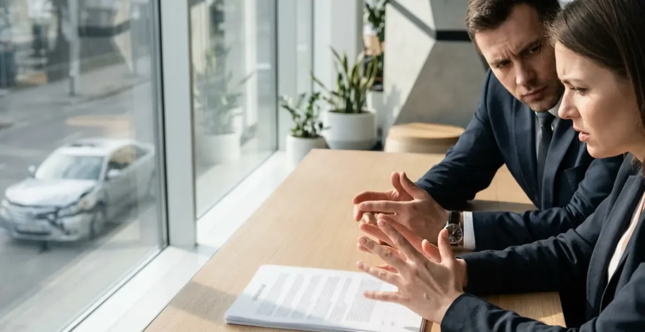 Négociation entre un assuré et un expert automobile avec documents et dossiers