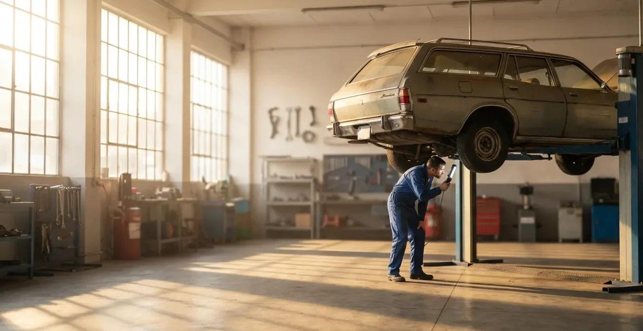 Mécanicien inspectant le dessous d'une voiture de plus de 10 ans sur un pont élévateur dans un garage professionnel