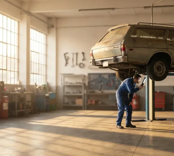 Mécanicien inspectant le dessous d'une voiture de plus de 10 ans sur un pont élévateur dans un garage professionnel