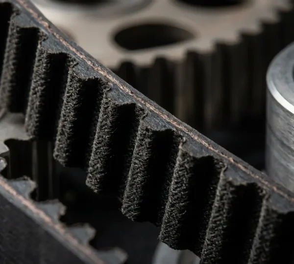 Vue rapprochée d'une courroie de distribution automobile avec ses dents caractéristiques dans un environnement de moteur