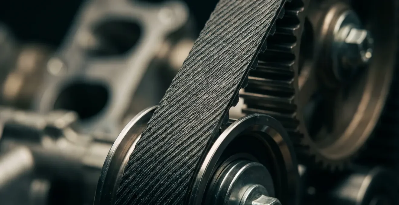 Vue macro d'une courroie de distribution neuve montée sur un moteur avec détails des crans et poulies