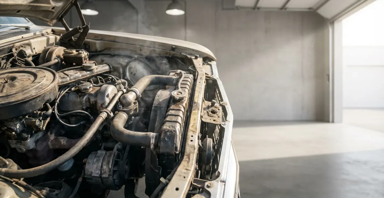Vue rapprochée d'un moteur automobile montrant le système de refroidissement avec durites et radiateur, vapeur d'eau visible suggérant une surchauffe
