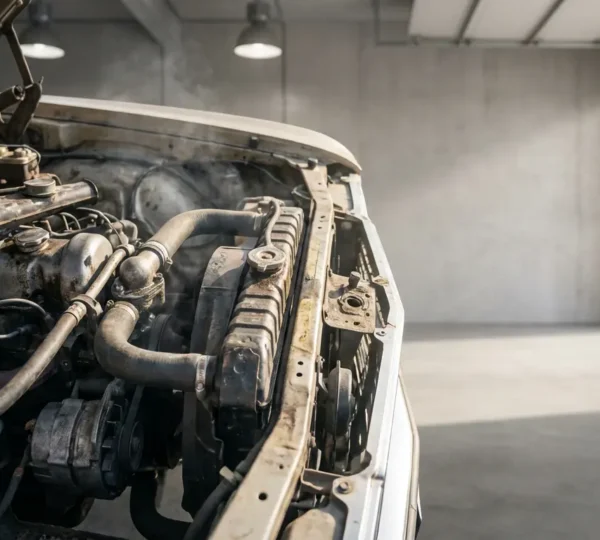 Vue rapprochée d'un moteur automobile montrant le système de refroidissement avec durites et radiateur, vapeur d'eau visible suggérant une surchauffe