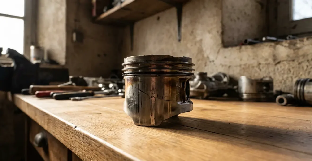 Vue détaillée d'un piston endommagé par LSPI avec fissures visibles
