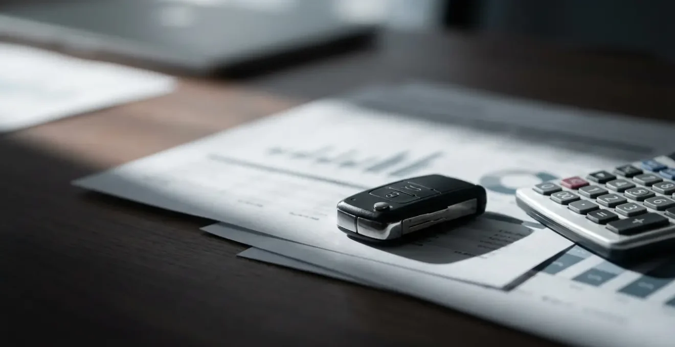 Clés de voiture posées sur documents financiers avec calculatrice et graphiques de dépréciation visibles