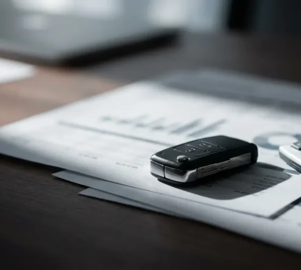 Clés de voiture posées sur documents financiers avec calculatrice et graphiques de dépréciation visibles