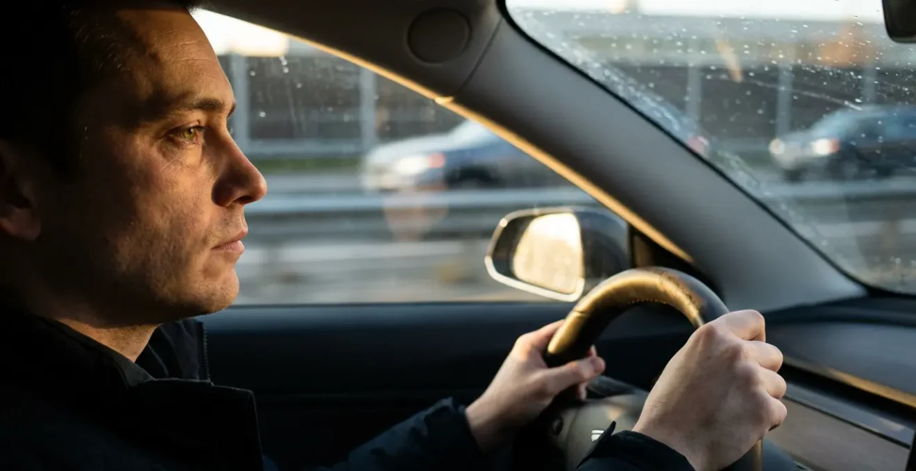 Conducteur vigilant au volant sur autoroute avec jeu de lumière suggérant la fatigue