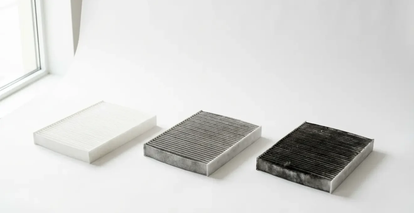 Trois filtres à air montrant différents stades d'encrassement du neuf au très sale