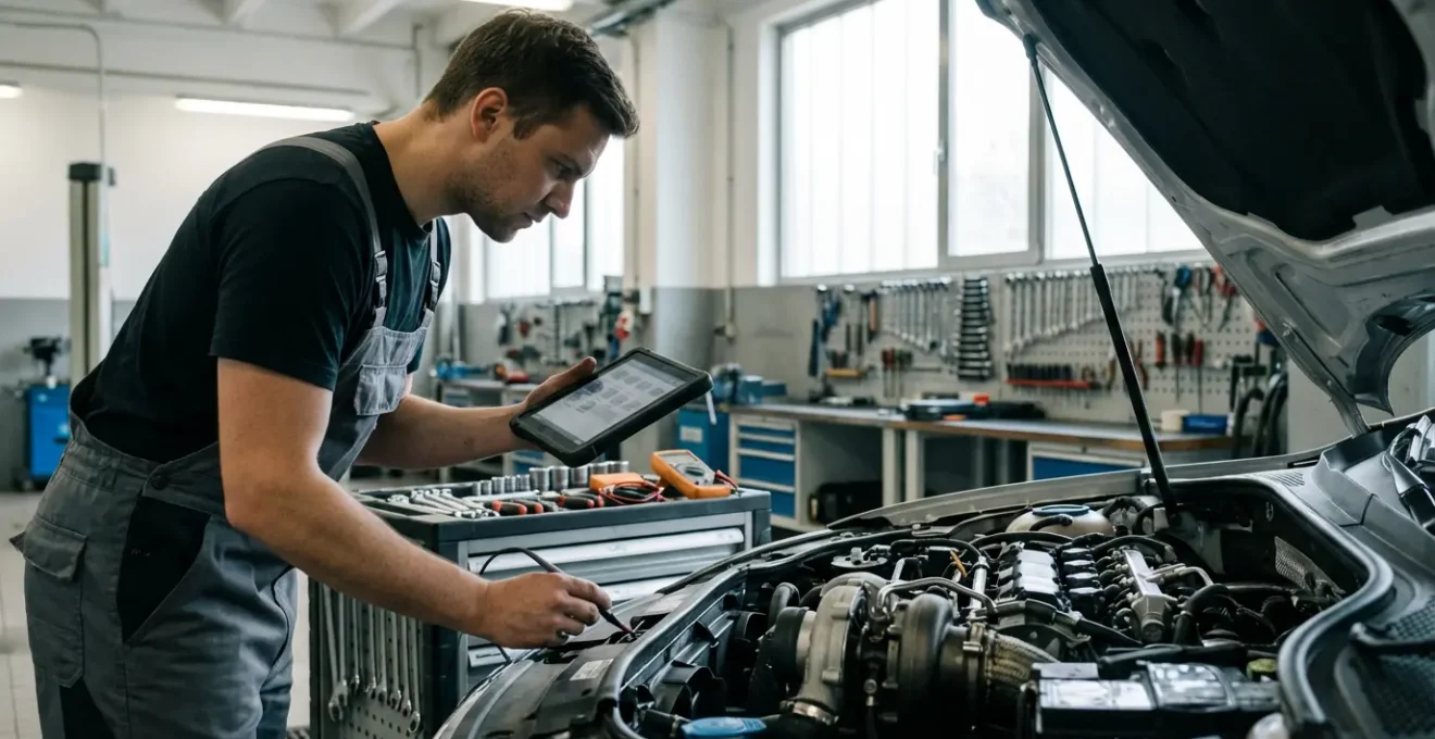 Mécanicien analysant un moteur de voiture avec des outils de diagnostic dans un atelier automobile professionnel