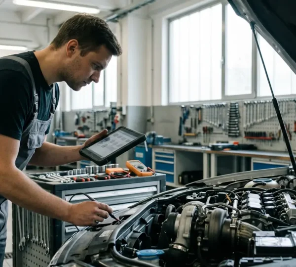 Mécanicien analysant un moteur de voiture avec des outils de diagnostic dans un atelier automobile professionnel