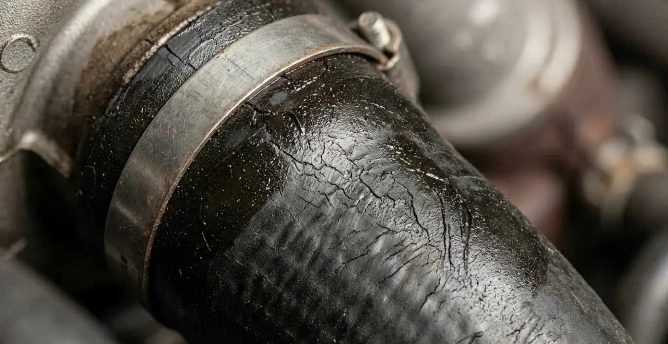 Gros plan sur une durite de turbo avec traces d'huile et fissures visibles lors d'une inspection