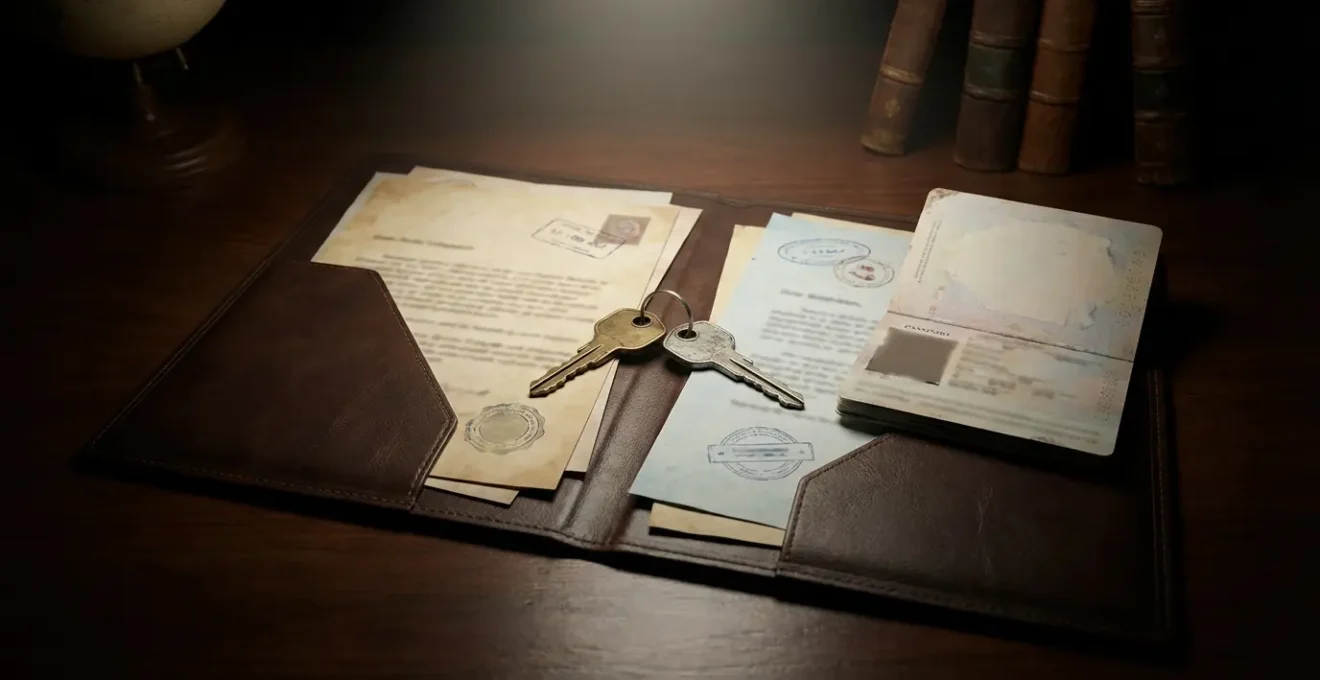 Dossier ouvert avec documents d'assurance internationaux et passeport sur bureau