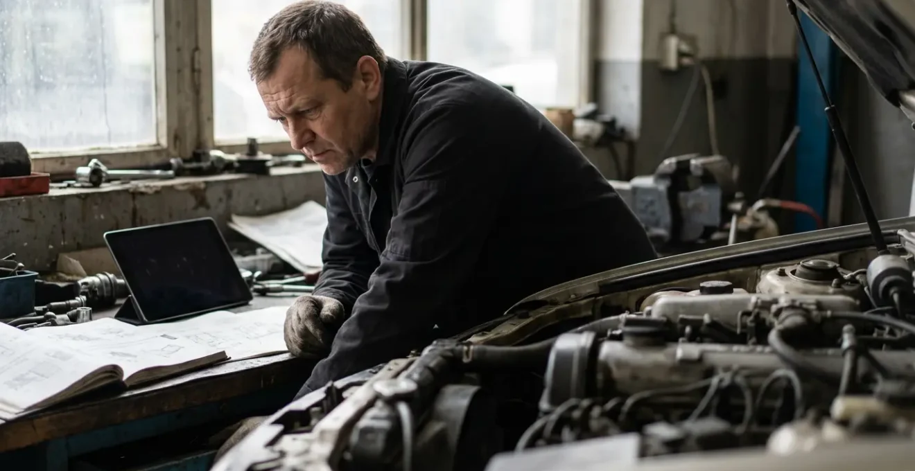 Expert automobile inspectant un véhicule avec tablette numérique et documents techniques