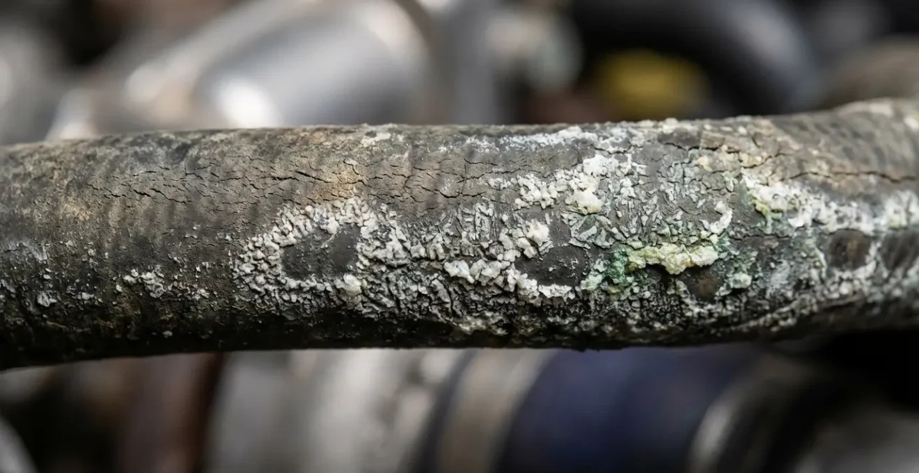 Gros plan macro sur une durite de refroidissement montrant des traces cristallisées blanches de liquide évaporé