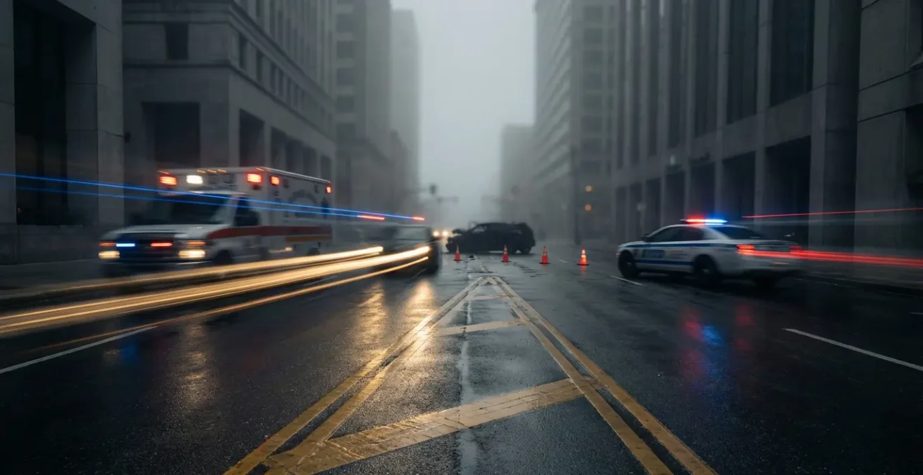 Scène d'accident urbain montrant l'impact de la vitesse sur les conséquences