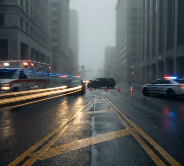 Scène d'accident urbain montrant l'impact de la vitesse sur les conséquences