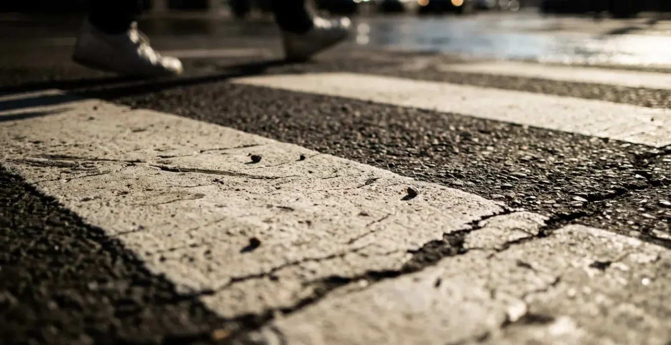 Passage piéton en zone urbaine avec perspective dramatique suggérant l'urgence