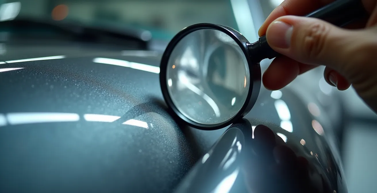 Inspection minutieuse de la carrosserie d'un véhicule avec main tenant une loupe sur une surface métallique brillante