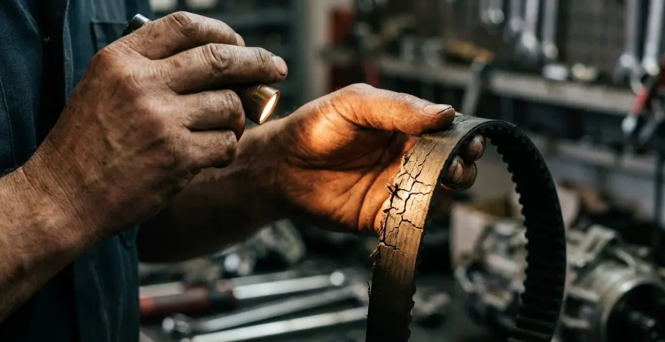 Inspection d'une courroie de distribution montrant les signes d'usure visibles comme des craquelures et un aspect sec.