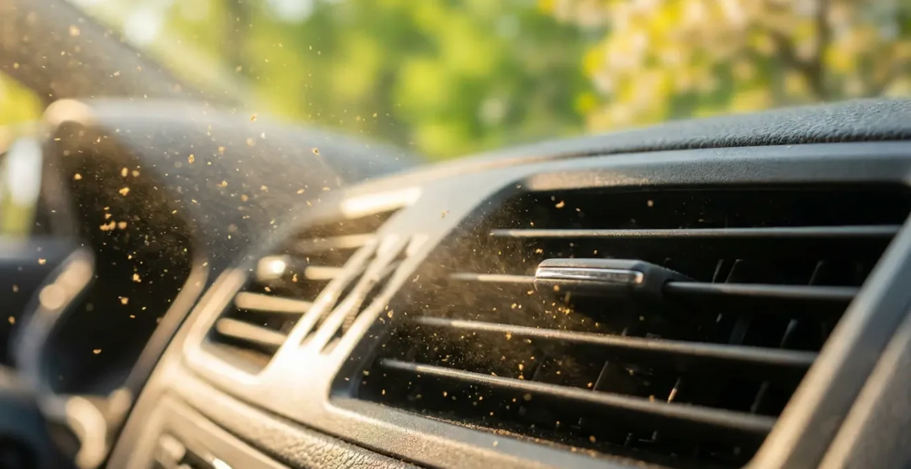 Vue rapprochée du système de ventilation automobile avec particules de pollen visibles dans l'air