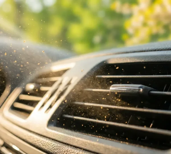 Vue rapprochée du système de ventilation automobile avec particules de pollen visibles dans l'air